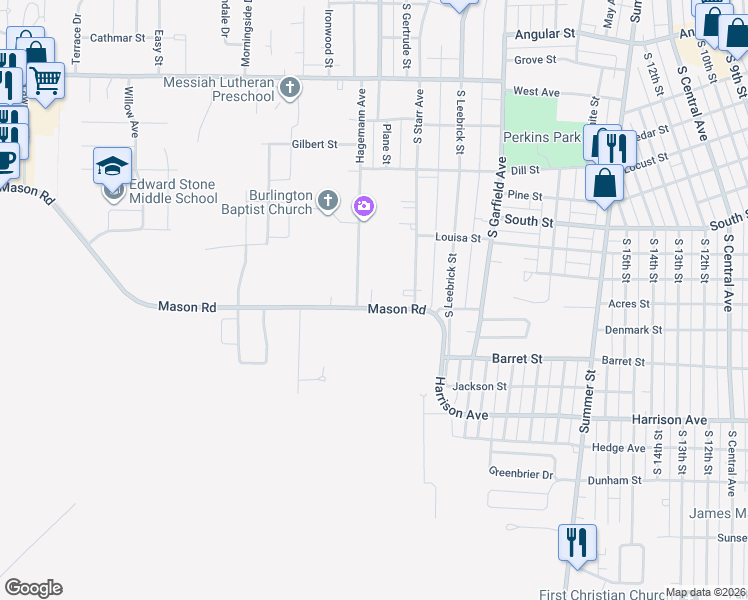 map of restaurants, bars, coffee shops, grocery stores, and more near 2017 Mason Road in Burlington