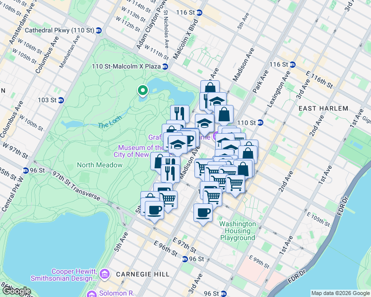 map of restaurants, bars, coffee shops, grocery stores, and more near 14 East 105th Street in New York