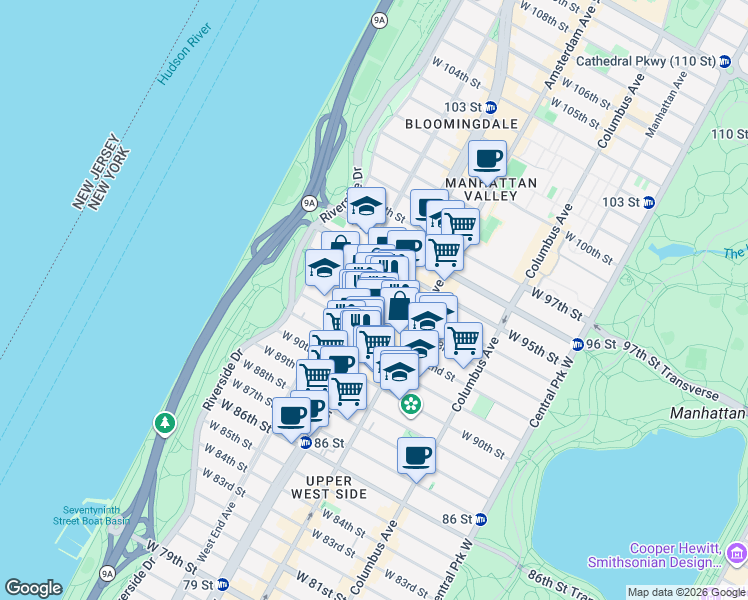 map of restaurants, bars, coffee shops, grocery stores, and more near 2505 Broadway in New York
