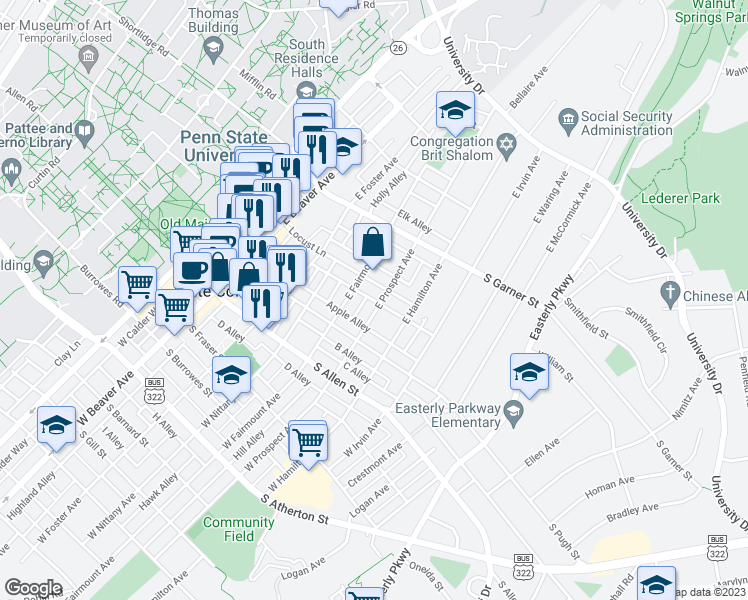 map of restaurants, bars, coffee shops, grocery stores, and more near Berry Alley in State College