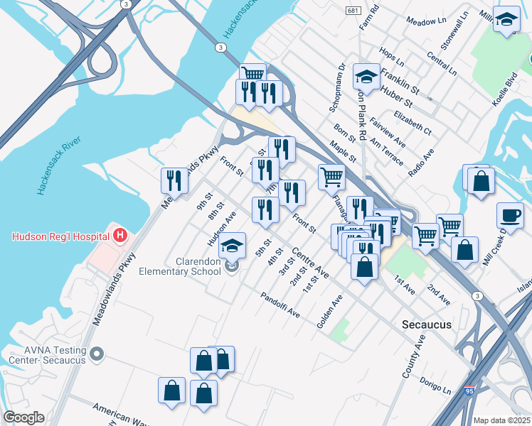 map of restaurants, bars, coffee shops, grocery stores, and more near 268 Centre Avenue in Secaucus