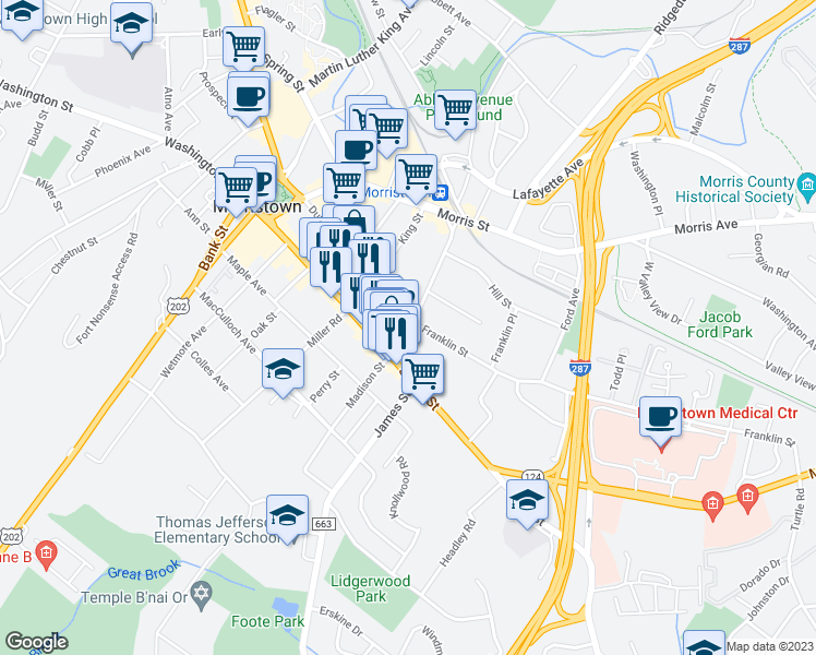 map of restaurants, bars, coffee shops, grocery stores, and more near 18 Elm Street in Morristown