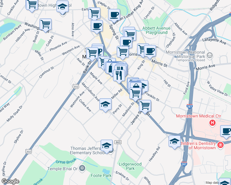 map of restaurants, bars, coffee shops, grocery stores, and more near 66 Maple Avenue in Morristown