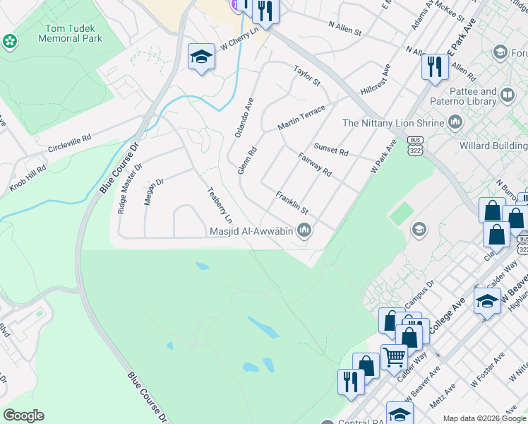 map of restaurants, bars, coffee shops, grocery stores, and more near 701 Glenn Road in State College
