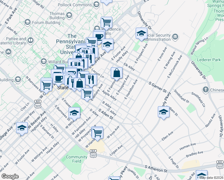 map of restaurants, bars, coffee shops, grocery stores, and more near 219 East Prospect Avenue in State College