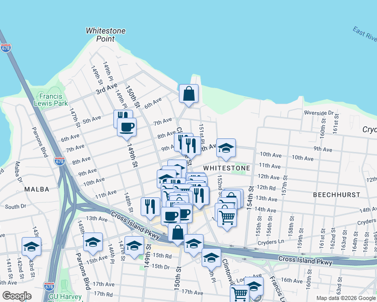 map of restaurants, bars, coffee shops, grocery stores, and more near 9-17 Clintonville Street in Queens