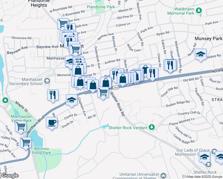 map of restaurants, bars, coffee shops, grocery stores, and more near 7 Shelter Rock Road in Manhasset