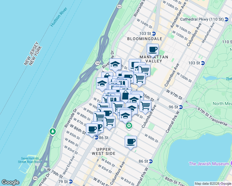 map of restaurants, bars, coffee shops, grocery stores, and more near 2481 Broadway in New York