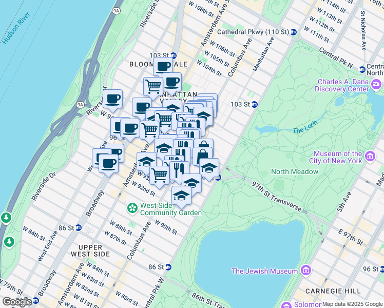 map of restaurants, bars, coffee shops, grocery stores, and more near 65 West 96th Street in New York