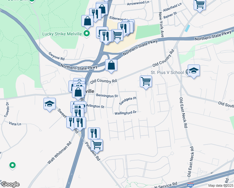 map of restaurants, bars, coffee shops, grocery stores, and more near 1 Rutland Lane in Melville