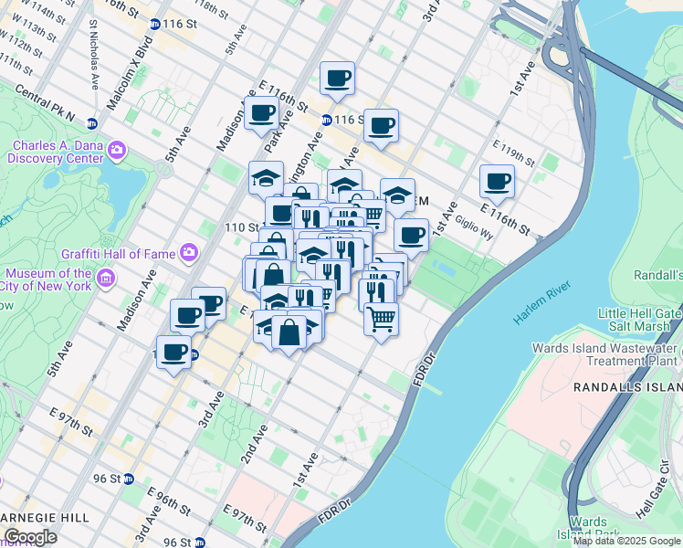map of restaurants, bars, coffee shops, grocery stores, and more near 2135 2nd Avenue in New York