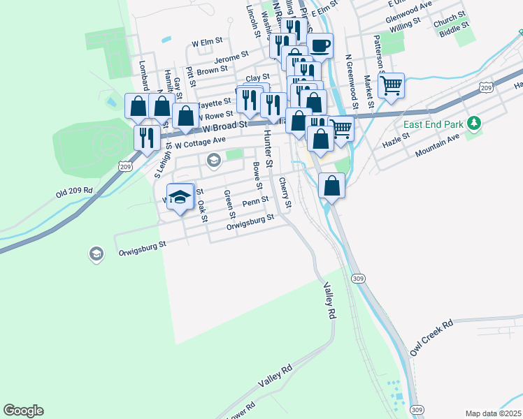 map of restaurants, bars, coffee shops, grocery stores, and more near 216 Bowe Street in Tamaqua