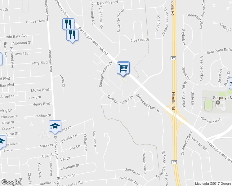 map of restaurants, bars, coffee shops, grocery stores, and more near 213 Springmeadow Drive in Holbrook