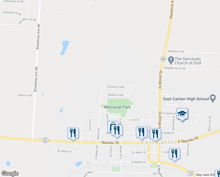 map of restaurants, bars, coffee shops, grocery stores, and more near 396 Orchard Street Northwest in Canton