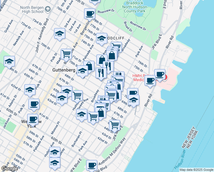 map of restaurants, bars, coffee shops, grocery stores, and more near 135 70th Street in Guttenberg