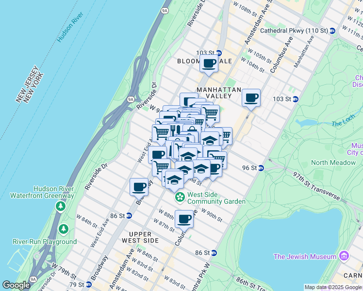 map of restaurants, bars, coffee shops, grocery stores, and more near 203 West 94th Street in New York