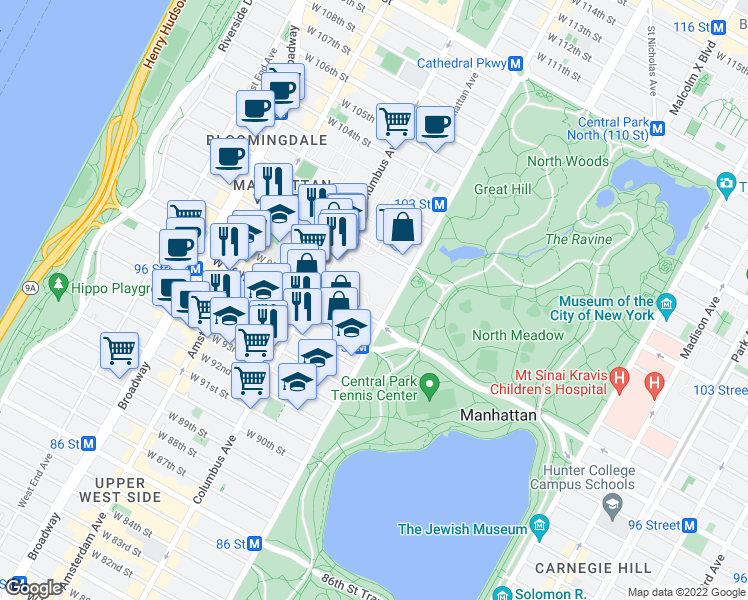 map of restaurants, bars, coffee shops, grocery stores, and more near 10 West 97th Street in New York