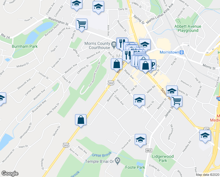 map of restaurants, bars, coffee shops, grocery stores, and more near 22 Mount Kemble Avenue in Morristown