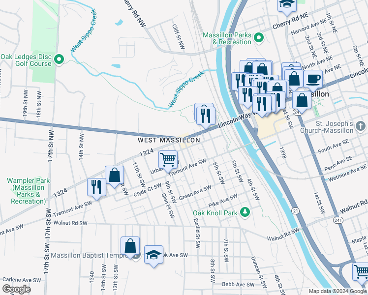 map of restaurants, bars, coffee shops, grocery stores, and more near 105 7th Street Southwest in Massillon