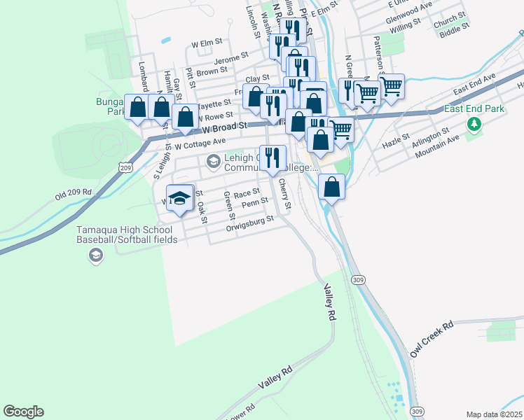 map of restaurants, bars, coffee shops, grocery stores, and more near 218 Bowe Street in Tamaqua