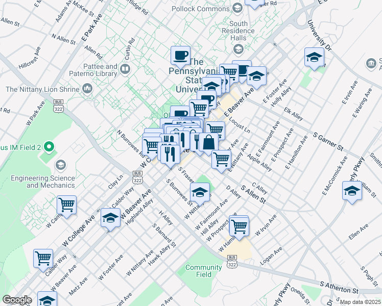 map of restaurants, bars, coffee shops, grocery stores, and more near 66 D Alley in State College