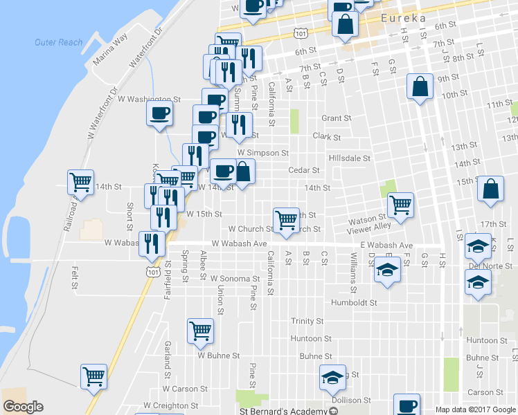 map of restaurants, bars, coffee shops, grocery stores, and more near 1449 1/2 Pine Street in Eureka