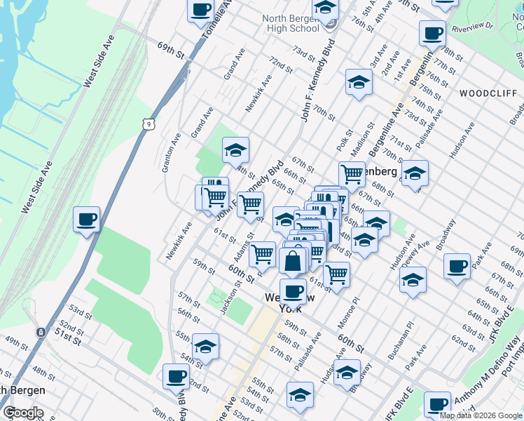 map of restaurants, bars, coffee shops, grocery stores, and more near 587 62nd Street in West New York