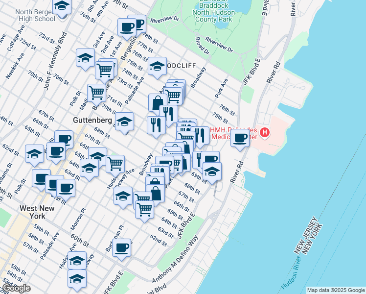 map of restaurants, bars, coffee shops, grocery stores, and more near in Guttenberg