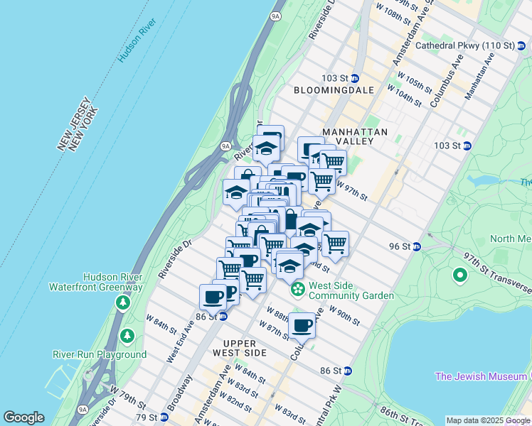 map of restaurants, bars, coffee shops, grocery stores, and more near 257 West 93rd Street in New York