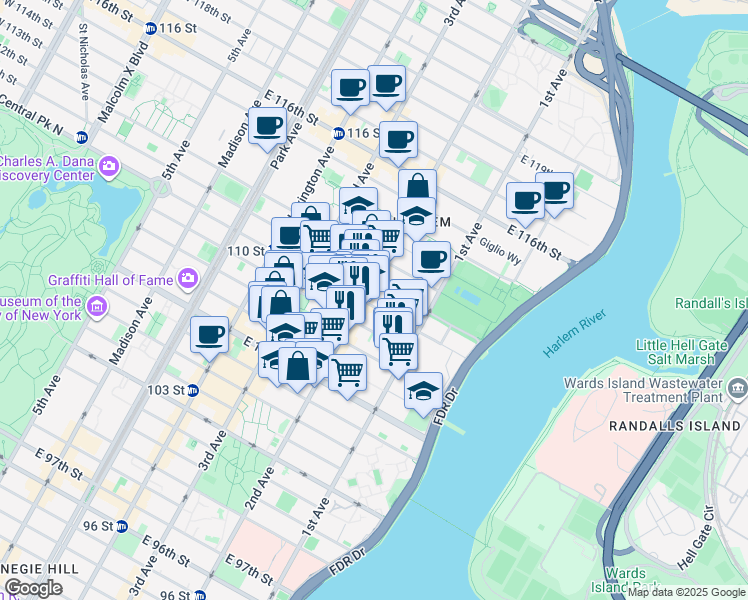 map of restaurants, bars, coffee shops, grocery stores, and more near 326 East 110th Street in New York