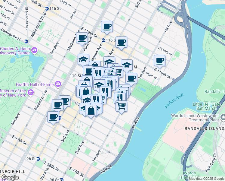 map of restaurants, bars, coffee shops, grocery stores, and more near 300 East 109th Street in New York
