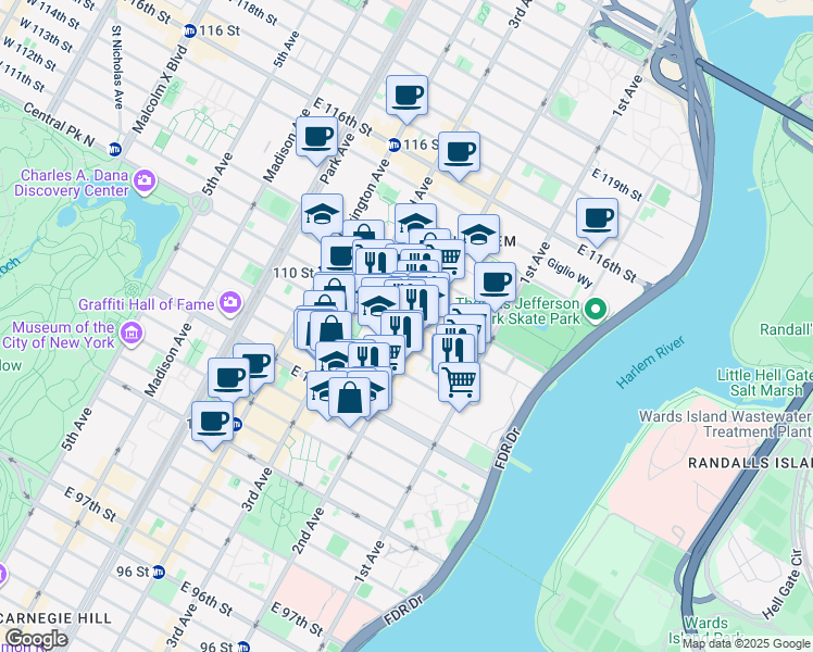 map of restaurants, bars, coffee shops, grocery stores, and more near 300 East 109th Street in New York