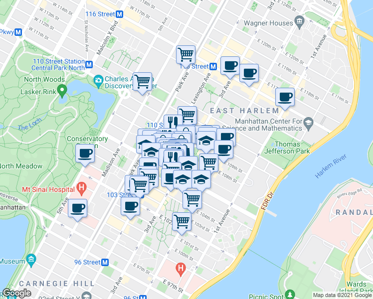 map of restaurants, bars, coffee shops, grocery stores, and more near in New York