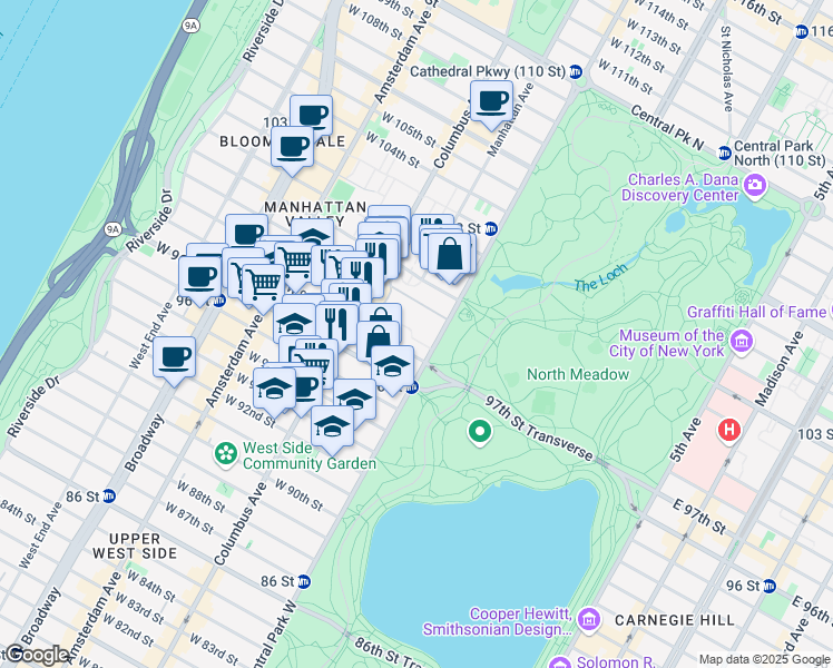 map of restaurants, bars, coffee shops, grocery stores, and more near 10 West 97th Street in New York