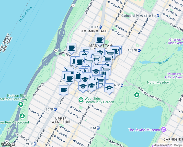map of restaurants, bars, coffee shops, grocery stores, and more near 134 West 95th Street in New York