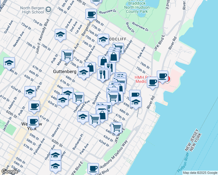 map of restaurants, bars, coffee shops, grocery stores, and more near 137 69th Street in Guttenberg