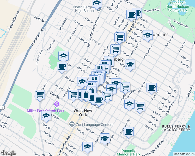 map of restaurants, bars, coffee shops, grocery stores, and more near 6310 Madison Street in West New York