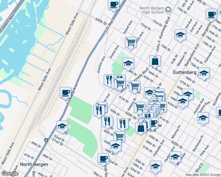 map of restaurants, bars, coffee shops, grocery stores, and more near 6048 John F. Kennedy Boulevard in West New York