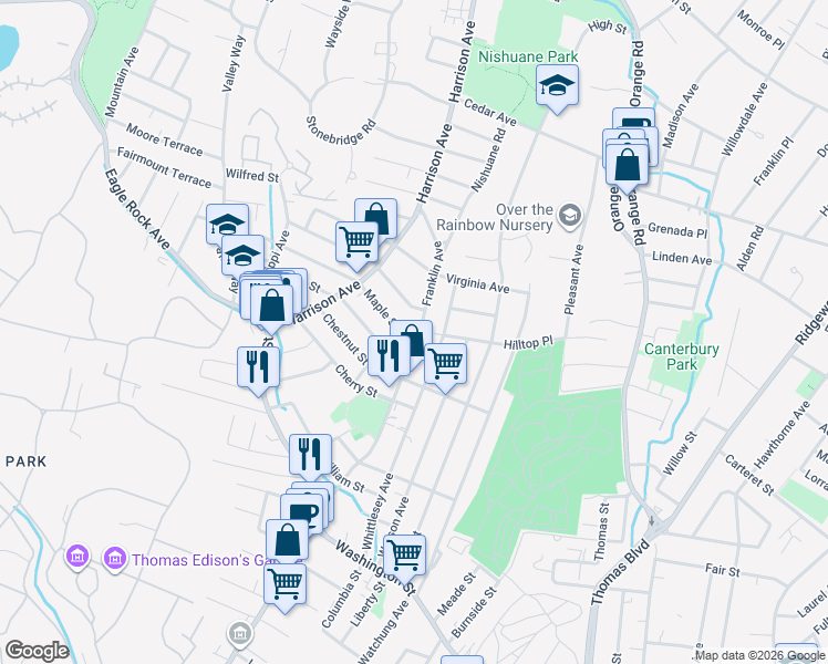 map of restaurants, bars, coffee shops, grocery stores, and more near 62a Franklin Avenue in West Orange
