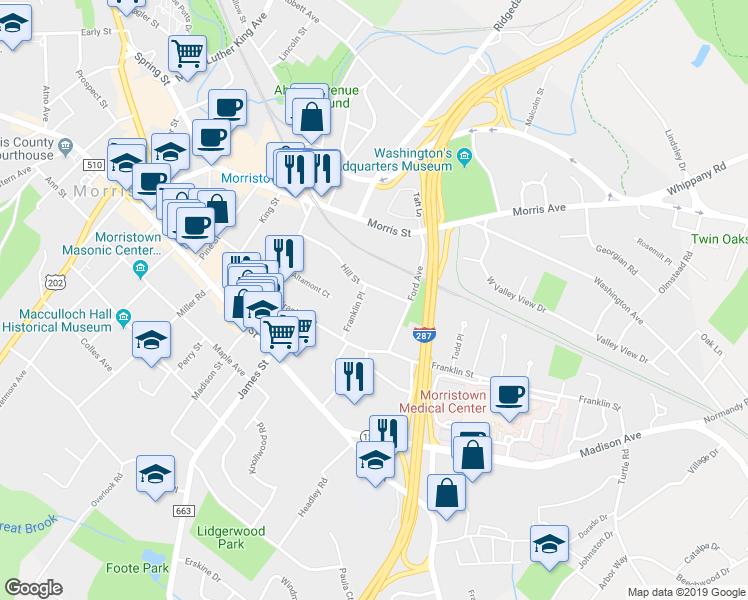 map of restaurants, bars, coffee shops, grocery stores, and more near 43 Ford Avenue in Morristown