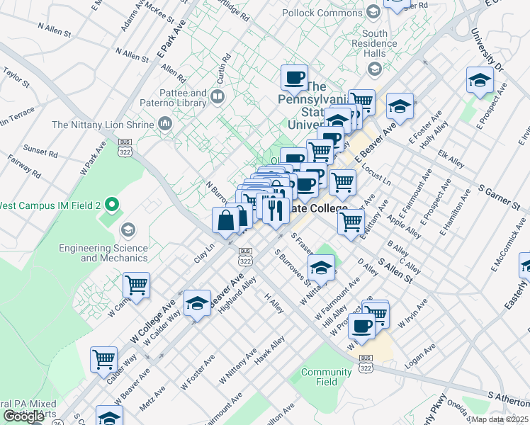 map of restaurants, bars, coffee shops, grocery stores, and more near 244 West College Avenue in State College