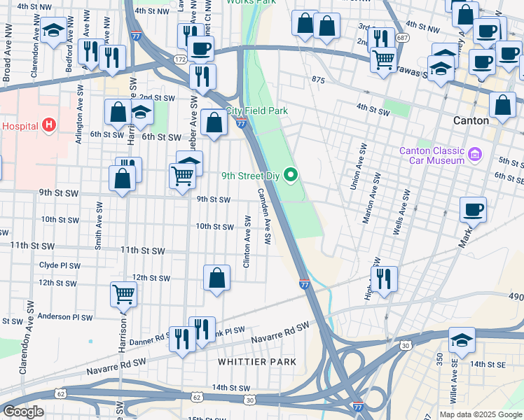 map of restaurants, bars, coffee shops, grocery stores, and more near 1515 10th Street Southwest in Canton