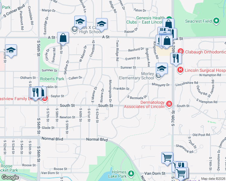 map of restaurants, bars, coffee shops, grocery stores, and more near 2001 Twin Ridge Road in Lincoln