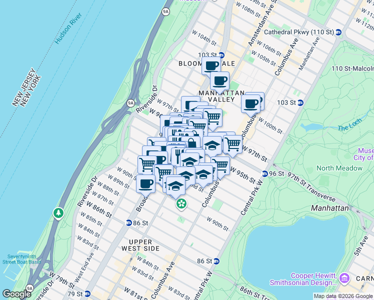 map of restaurants, bars, coffee shops, grocery stores, and more near 710 Amsterdam Avenue in New York