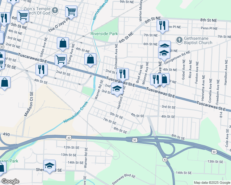 map of restaurants, bars, coffee shops, grocery stores, and more near 7 School Bus Loop in Canton