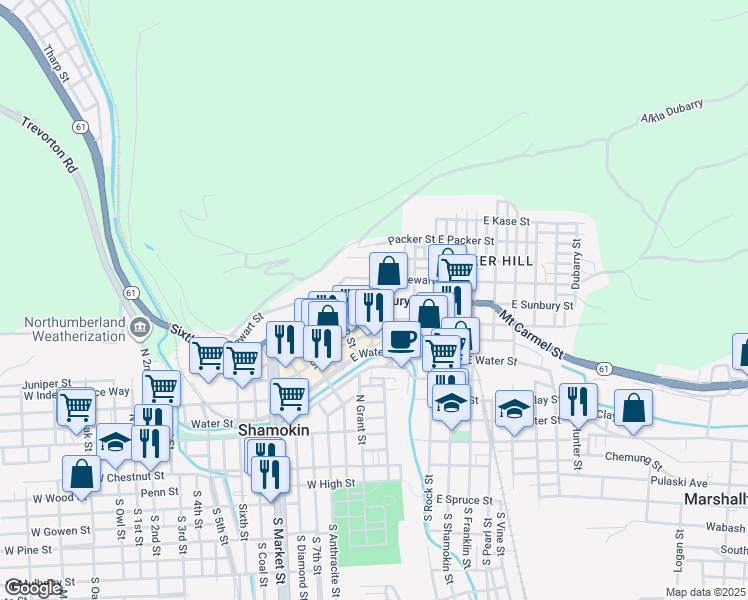 map of restaurants, bars, coffee shops, grocery stores, and more near 146 East Sunbury Street in Shamokin
