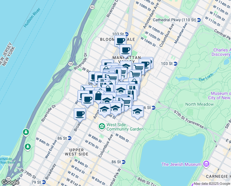 map of restaurants, bars, coffee shops, grocery stores, and more near 161 West 95th Street in New York