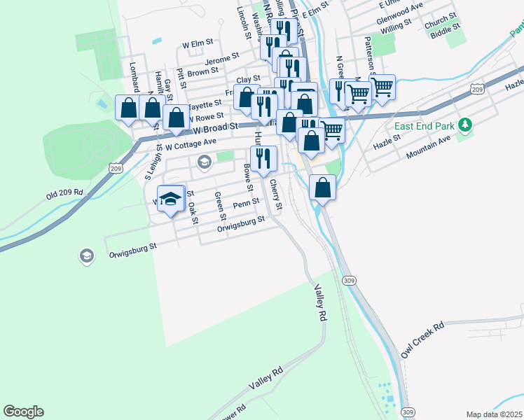 map of restaurants, bars, coffee shops, grocery stores, and more near 216 Hunter Street in Tamaqua