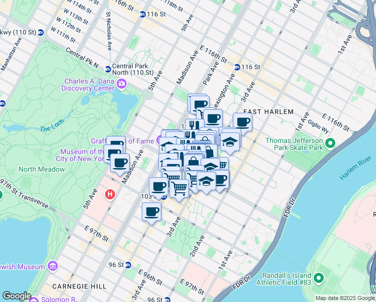 map of restaurants, bars, coffee shops, grocery stores, and more near 127 East 107th Street in New York