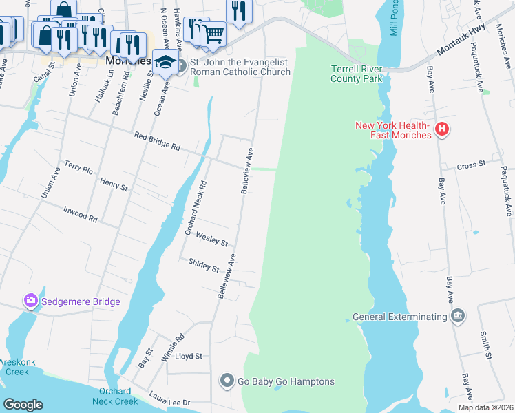 map of restaurants, bars, coffee shops, grocery stores, and more near 109 Belleview Avenue in Center Moriches
